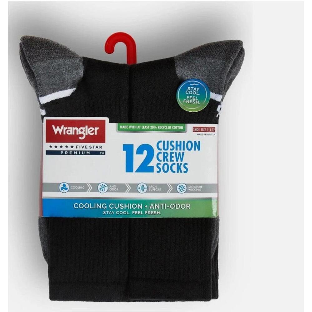NEW MENS WRANGLER 12 PAIR OF CUSHION CREW BLACK CREW SOCKS COOLING 6-12